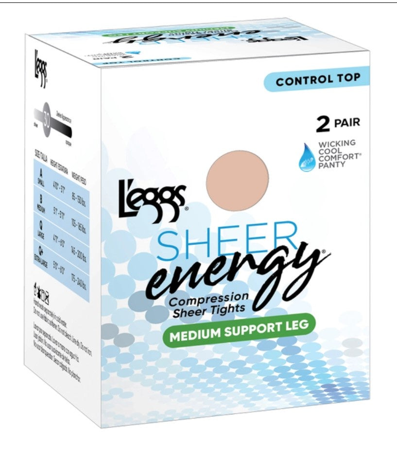 Leggs Nylons Sheer Energy Control Top Sheer Toe Suntan Size A 2pk