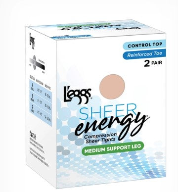 Leggs Nylons Sheer Energy Control Top Reinforced Toe Suntan Size B 2pk