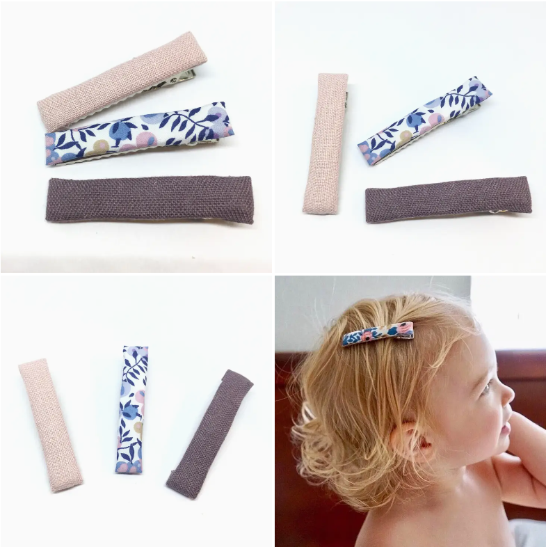 The Tiny Bow Shop Hair Clip Set Dusty Pink Blue Floral Smoke Fabric 3pk
