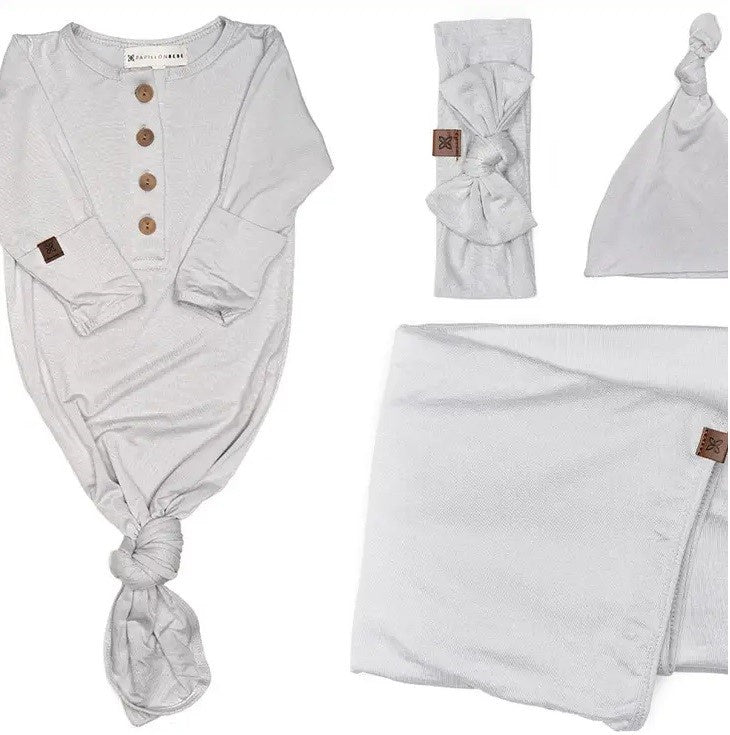 Papillon Bebe Newborn Baby Bundle With Knot Hat Dove 3 to 9mos