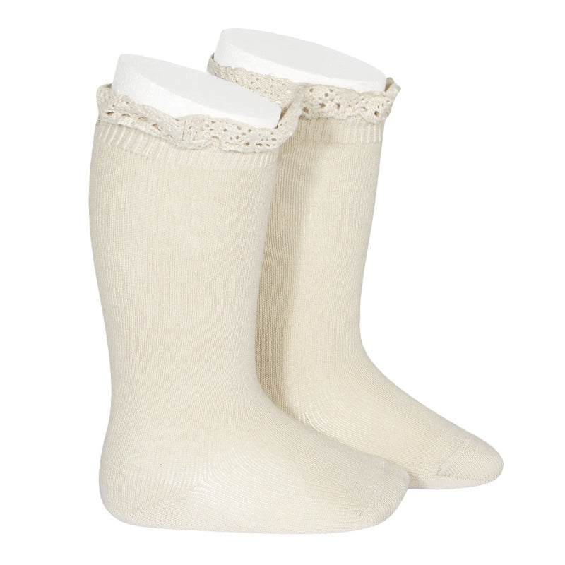 Condor Knee Socks With Lace Edge Cuff Linen Size 4