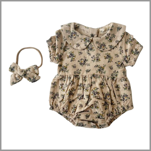 Olive and Cradle Soft Floral Bubble Romper and Bow Violetta 6-12mo