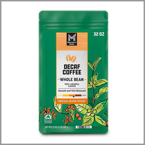 Members Mark Coffee Decaf Whole Bean Medium Dark Roast 32oz