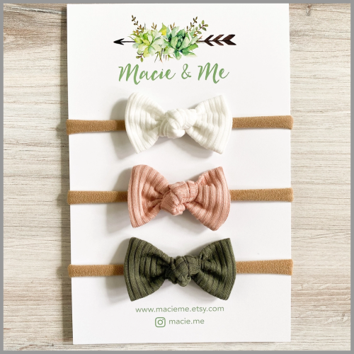 Macie n Me Ribbed Bow Headbands White Pink Olive Green 3pk