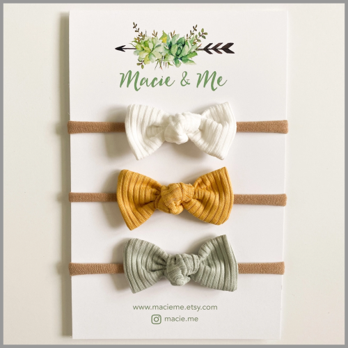 Macie n Me Ribbed Bow Headbands White Yellow Mint 3pk