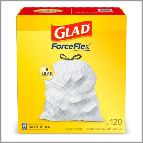 Glad Bags ForceFlex Tall Kitchen Drawstring White 13gal 120pk