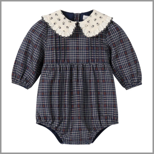 Nou Nelle Plaid Romper with Floral Collar 12mo