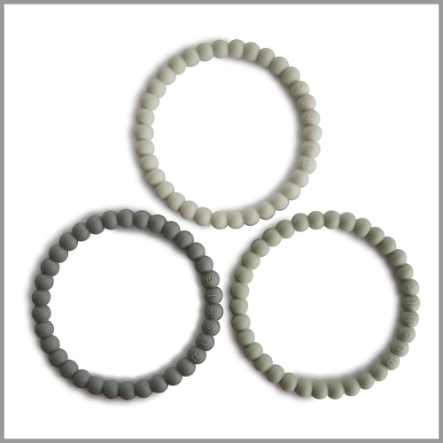 Mushie Pearl Teething Bracelet Green Tea Cool Gray Sea Salt 3pk