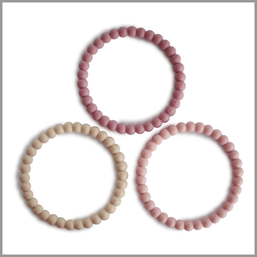 Mushie Pearl Teething Bracelet Linen Peony Pale Pink 3pk