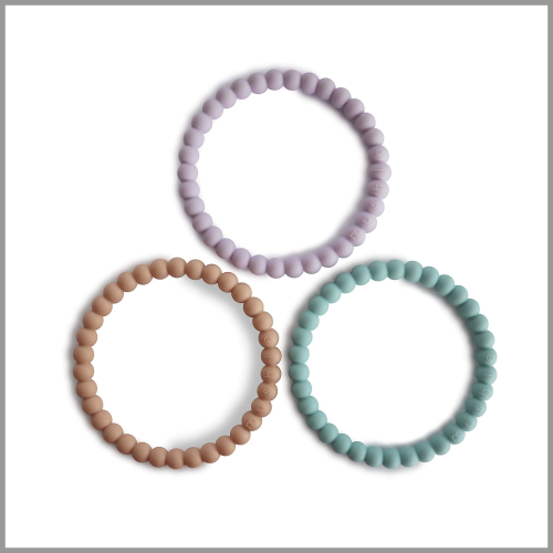 Mushie Pearl Teething Bracelet Lilac Cyan Soft Peach 3pk