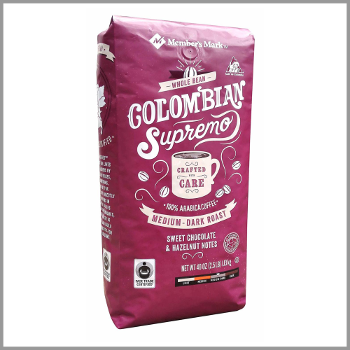 Members Mark Coffee Colombian Supremo Medium Dark Roast Whole Bean 40oz