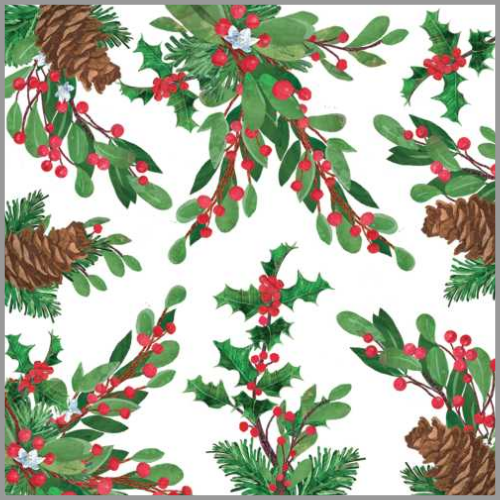 Cocktail Napkin Pine Cones and Holly 20pk