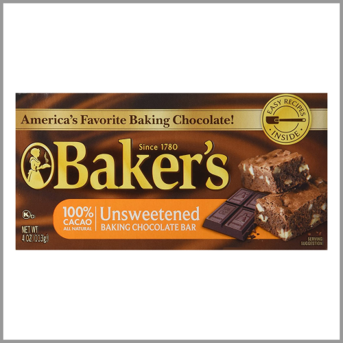 Bakers Chocolate Baking Bar Unsweetened 100% Cacao 4oz