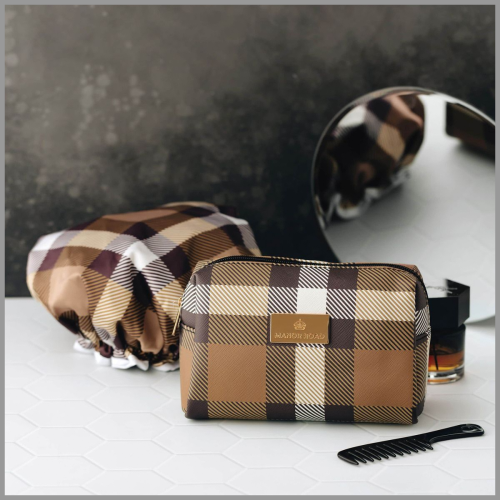 Manor Road Travel Bag and Shower Cap Set Classic Tan Plaid