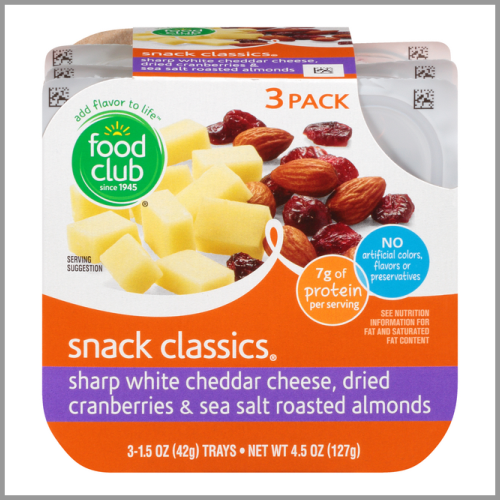 Food Club Snack Classics White Cheddar Cheese, Dried Cranberries & Roasted Almonds 1.5oz 3pk