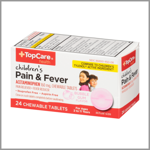 TopCare Childrens Pain Fever Acetaminophen Chewable Tablets Bubble Gum 160mg 24ct