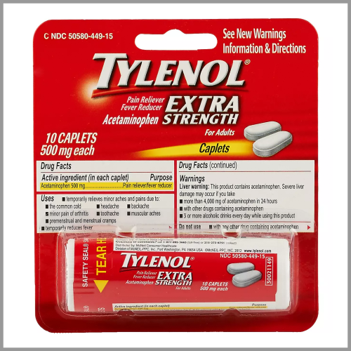 Tylenol Acetaminophen Extra Strength Pain Reliever Caplets 500mg 10pk