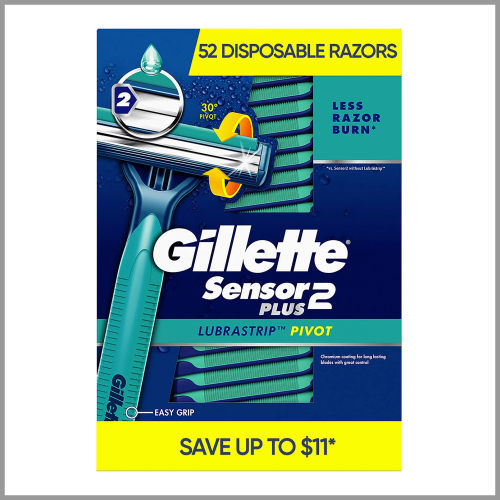 Gillette Mens Disposable Razors Sensor2 Plus Lubrastrip Pivot 52pk