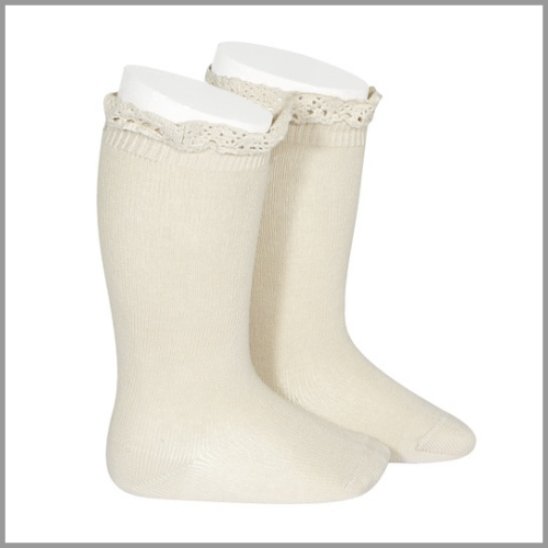 Condor Knee Socks With Lace Edge Cuff Linen Size 2